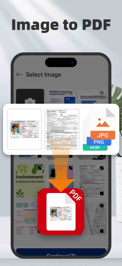 AI PDF Converter: Files to PDF - Bildschirm einer mobilen App, der die Konvertierung von Bildern und ID-Fotos in PDF-Dokumente zeigt