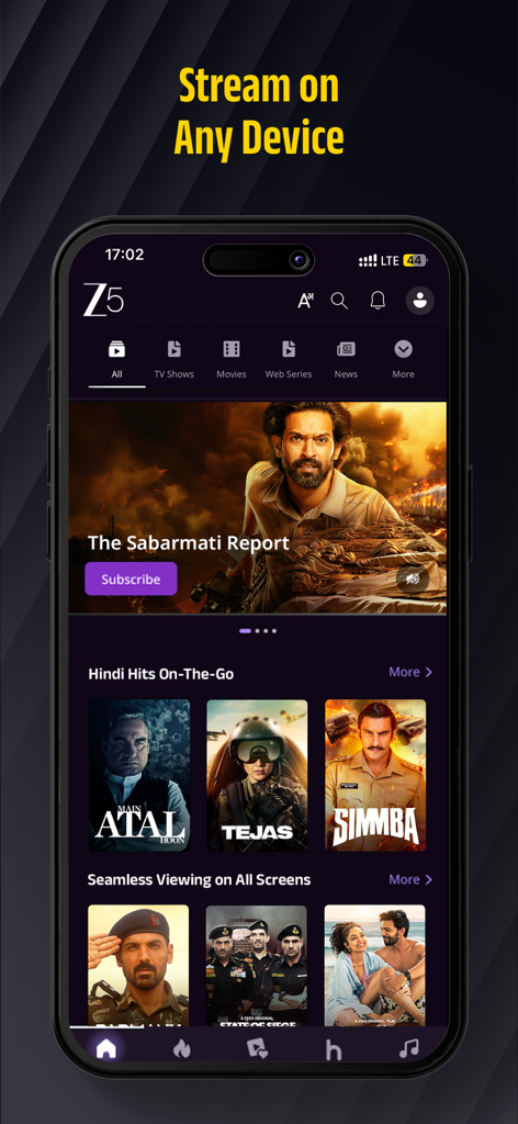 Pantalla de inicio de la aplicación móvil ZEE5 que presenta películas y programas de TV del sur de Asia