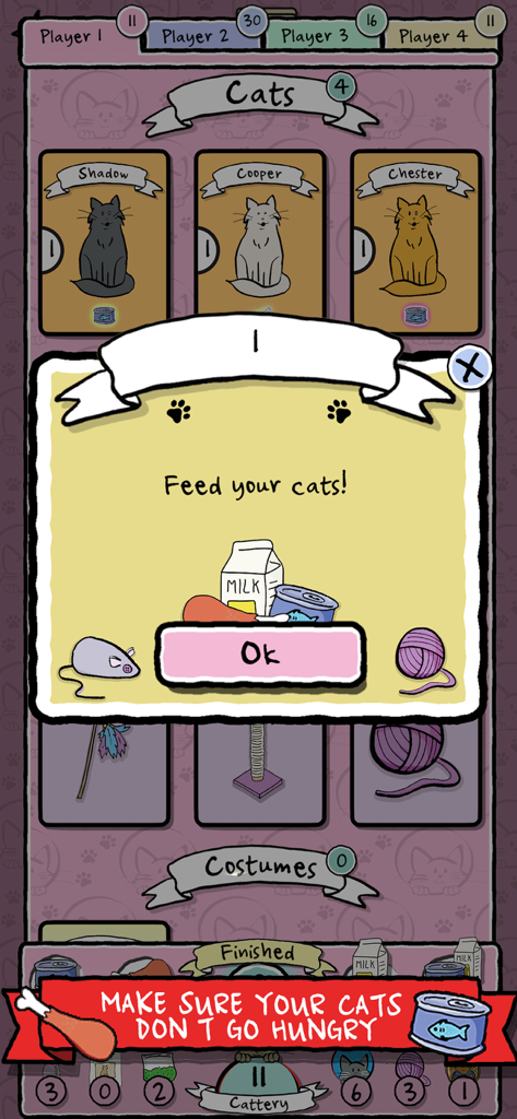 Cat Lady - The Card Game - Cat Ladyカードゲームのゲームプレイ画面。様々な食べ物やアイテムが表示され、猫に餌を与えるよう促すポップアップメッセージが表示されています。