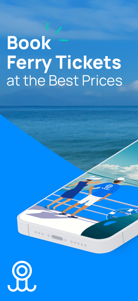 Ferryscanner: Book Your Ferry - Ferryscanner App-Werbebildschirm, der die Buchung von Fährtickets mit einem Meereshintergrund zeigt