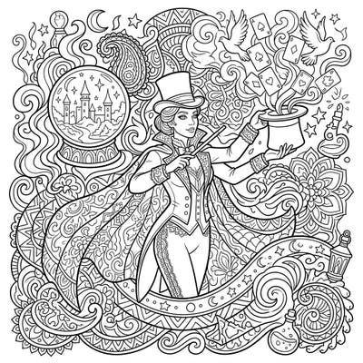 Unravel the magic with this stunning adult coloring page featuring a grand illusionist in the midst of a spectacular performance. Immerse yourself in a world of intricate details, swirling patterns, and mystical elements designed for hours of creative relaxation.