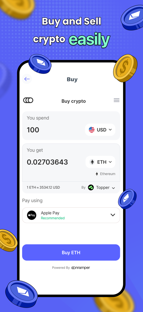 Interface de l'application Meilleure Wallet montrant un utilisateur achetant de l'Ethereum avec Apple Pay