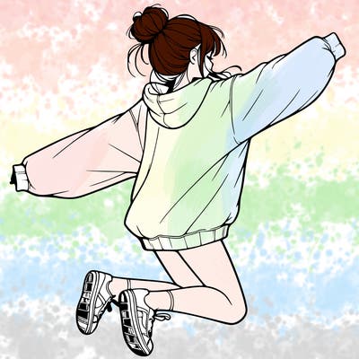 realistic girl jumping with a bun and oversized sweatshirt