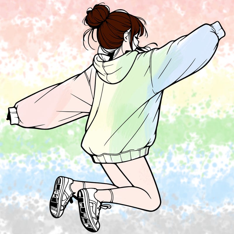 realistic girl jumping with a bun and oversized sweatshirt