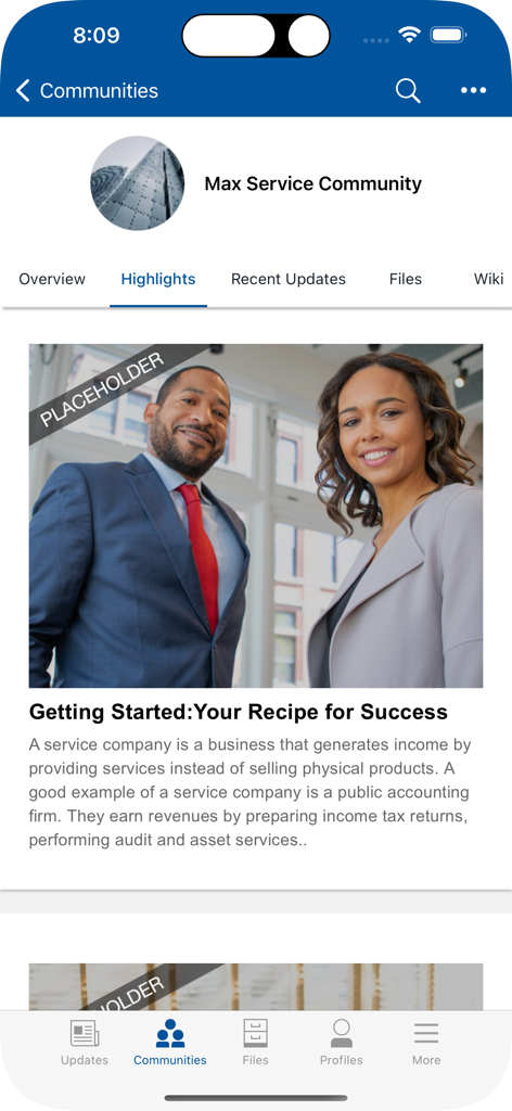 HCL Connections - HCL Connections app showing the Highlights tab in the Max Service Community section