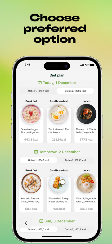 Diet: Weight loss Healthy food - Captura de pantalla de iPhone mostrando opciones de plan de comidas diario personalizado y recuentos de calorías para perder peso