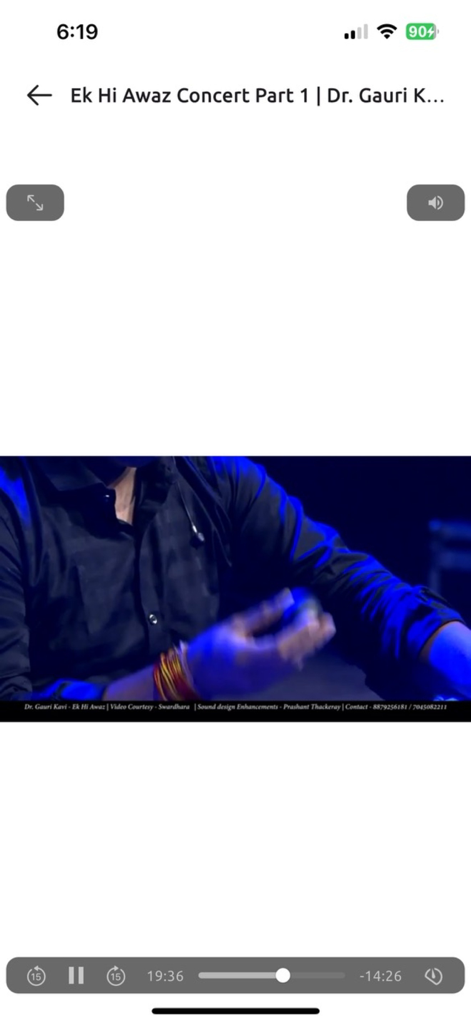 Swardhara - Reproductor de video de la aplicación Swardhara que muestra un concierto de música clásica hindustani