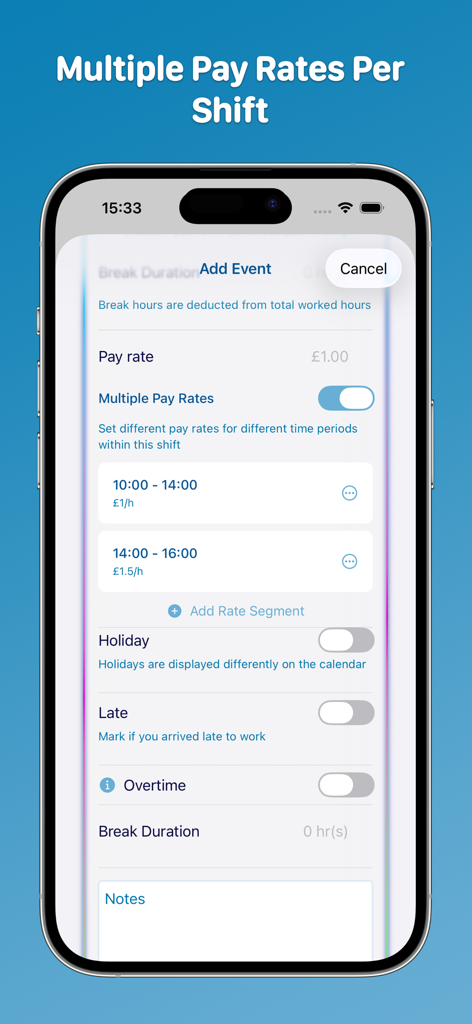 WorkCount - Shift Calendar - Interfaz de la aplicación WorkCount que muestra cómo establecer múltiples tarifas de pago para diferentes segmentos de tiempo dentro de un solo turno de trabajo.