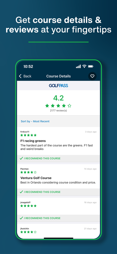 GolfNow app screen showing golf course ratings and user reviews