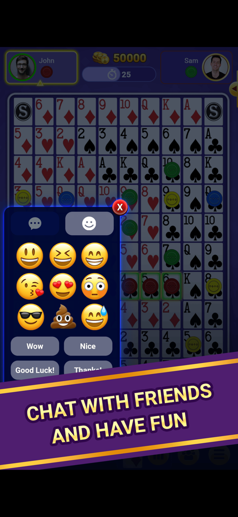 Wild Jacks with Friends - In-game chat menu with emojis and quick responses over the Wild Jacks board game grid