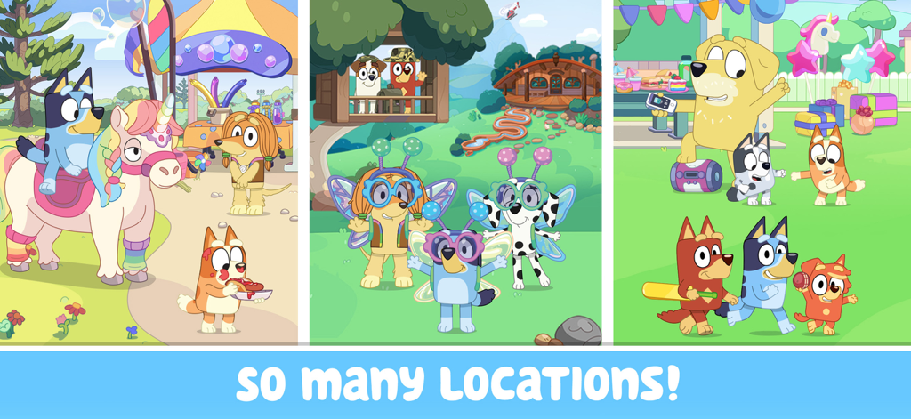 Tres coloridas escenas de juego de la aplicación Bluey Let's Play que muestran diferentes lugares interactivos