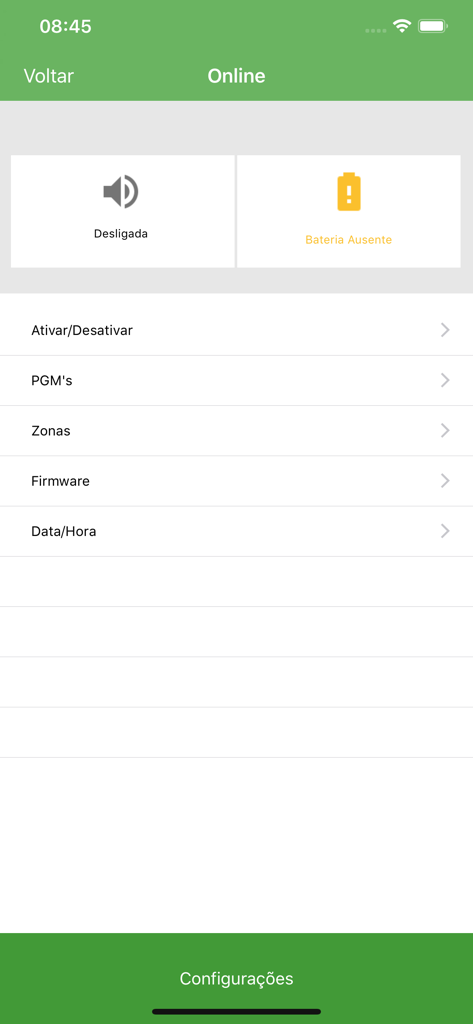 Panel de la aplicación AMT Remoto Mobile que muestra el estado en línea de la alarma y la configuración para profesionales de seguridad