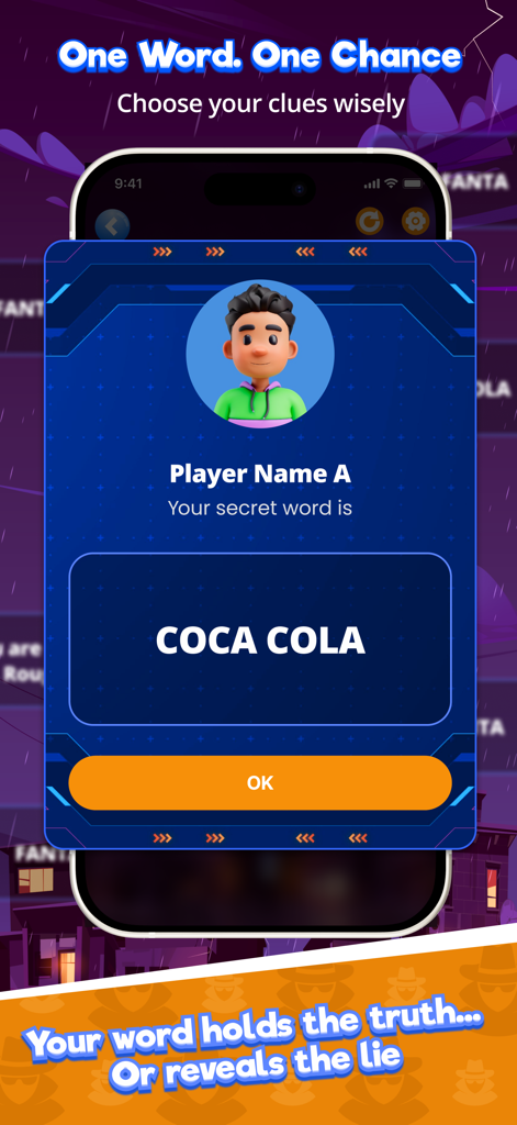 Mobile app screen showing a player receiving their secret word in a social deduction game