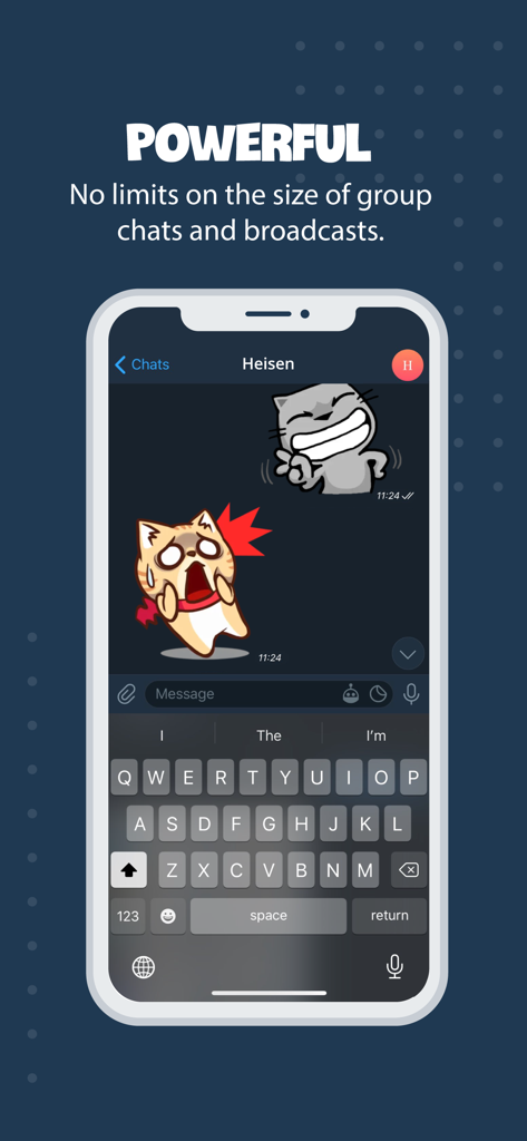 Tele Messenger Chat Secure - Tele Messengerのチャットインターフェース。ステッカーとテキストが表示され、無制限のグループチャットとブロードキャストサイズを強調しています。