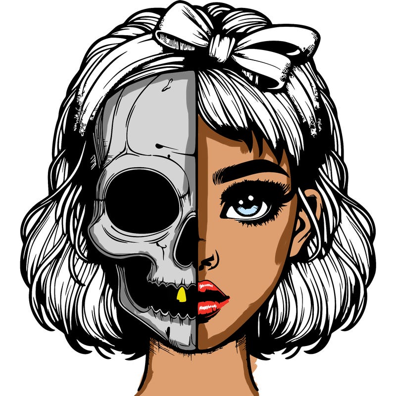 realistic girl with half skull mask