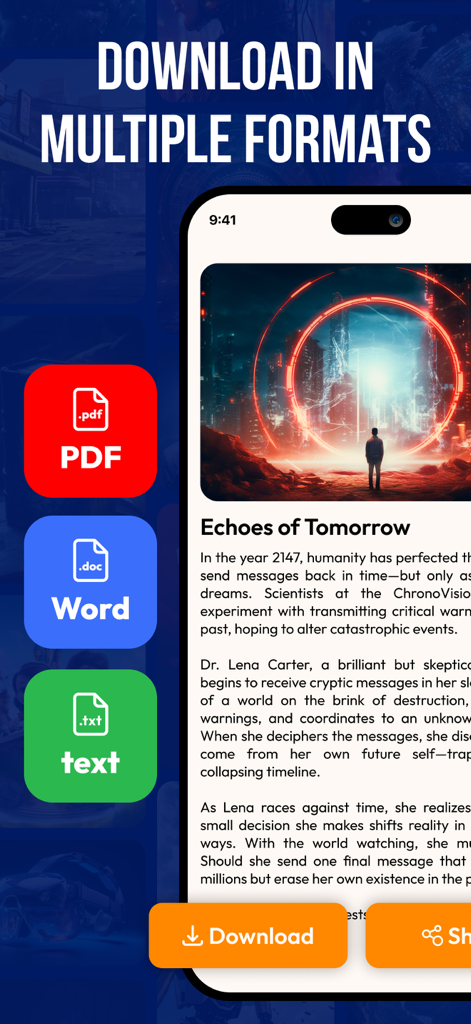 AI Story and Novel Generator - AI Story and Novel Generator app showing multiple download formats including PDF Word and text for a science fiction story