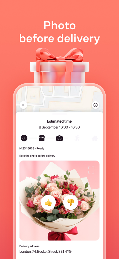 Flowwow: Shop Flowers & Gifts - Flowwow app interface showing a real-time photo of a flower bouquet for customer approval before delivery