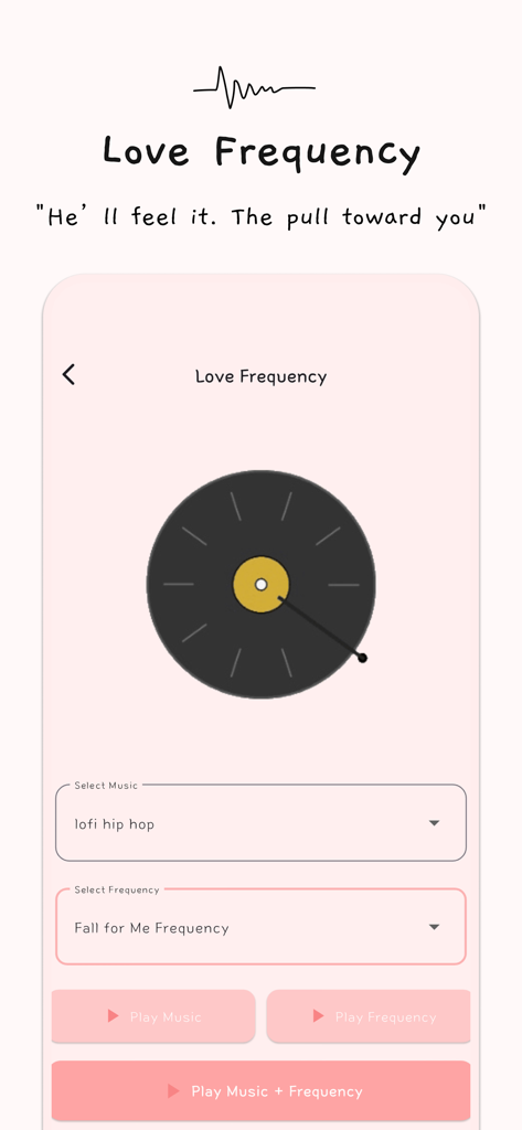 404Log - Crush Diary - 음악 및 빈도 옵션을 보여주는 404Log 앱의 사랑 빈도 음악 플레이어 인터페이스.