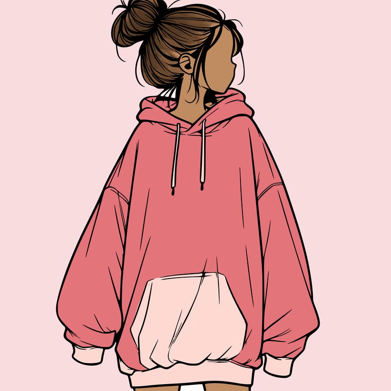 realistic girl with a oversized sweatshirt on and a bun