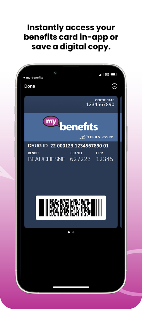 my-benefits - Carte d'avantages sociaux numérique pour employés avec identifiant de médicament et code-barres affichés sur un smartphone