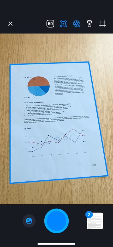 PDF Scanner Pro ⊟ - Interface de l'application mobile montrant un document avec des graphiques en cours de numérisation et recadré automatiquement par Scanner PDF Pro