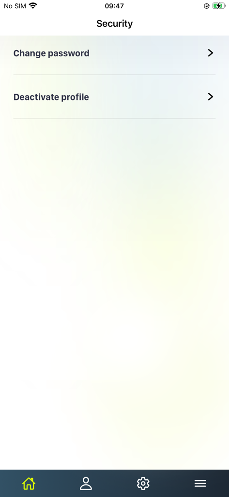 OneID - Security settings screen in the OneID app featuring options to change password and deactivate profile