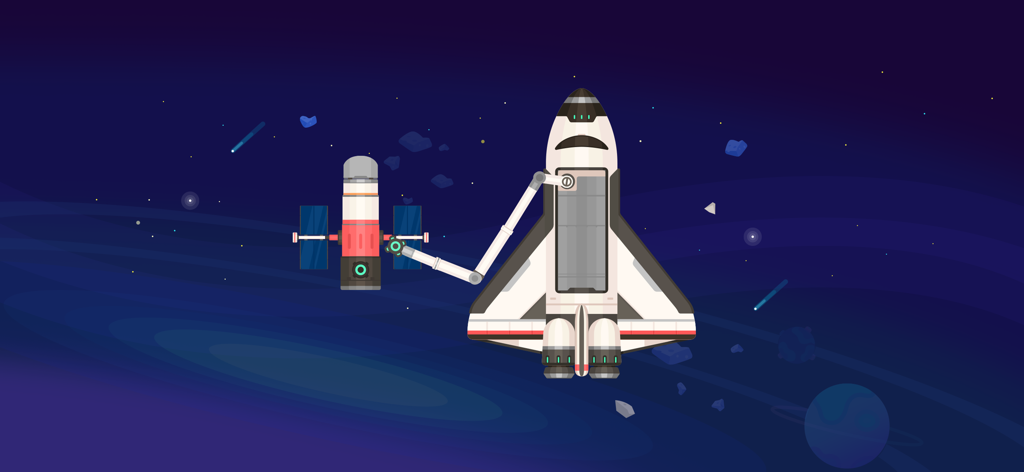 Cartoon space shuttle using a robotic arm to interact with a satellite in space