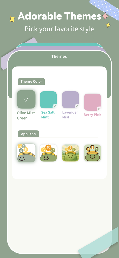 SmileBudget app interface showing customizable theme colors and adorable app icon choices