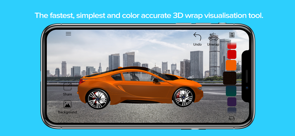 3D car wrap visualization of an orange sports car in a city environment