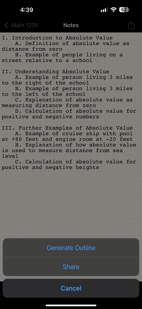 Voice Recorder - Un esquema estructurado de una clase de matemáticas sobre valor absoluto dentro de la interfaz de la aplicación Grabadora de Voz mostrando opciones para generar esquema o compartir.