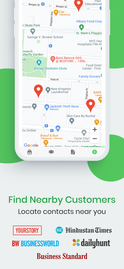 GoDial - Auto Call Dialer CRM - A smartphone interface showing a map with pins to locate nearby customers in the GoDial CRM app.