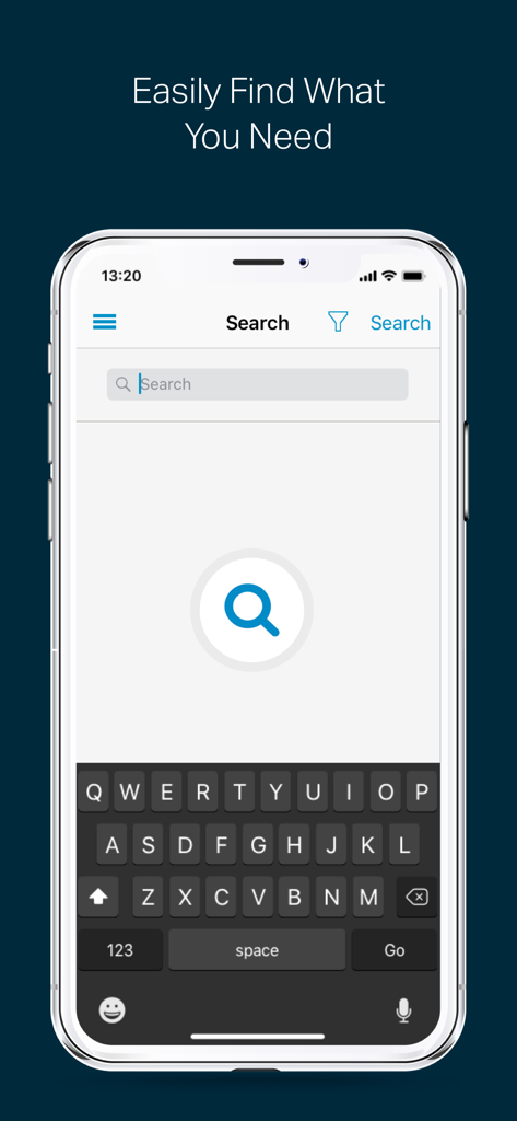 SharePlus for Office 365 - A mobile interface for the SharePlus app featuring a global search bar and on-screen keyboard for finding corporate documents.