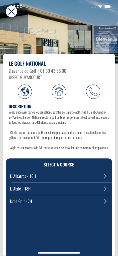 ffgolf - Mobile app screen showing details and course selection for Le Golf National in France