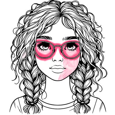 realistic girl with glasses and frizzy hair in braids