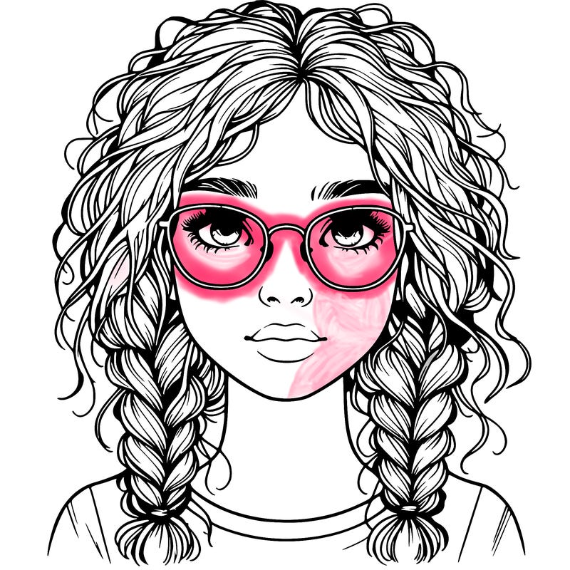 realistic girl with glasses and frizzy hair in braids