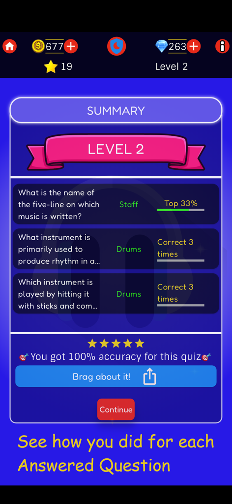 Quizia: General Knowledge Quiz - Pantalla de resumen de resultados del juego de trivia Quizia mostrando los resultados del nivel dos y el cien por cien de precisión.