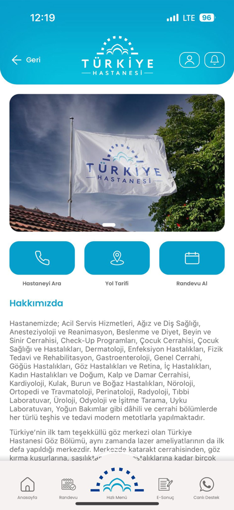 Homepage of the Turkiye Hospital mobile app featuring appointment booking and medical services