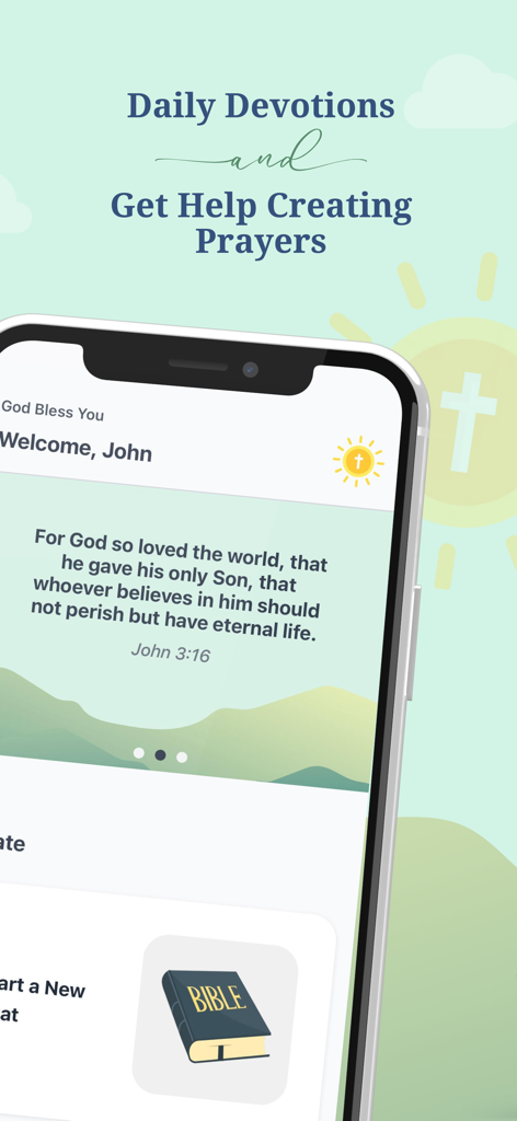 Bible Talk - Deepen Your Faith - Un smartphone mostrando la aplicación Bible Talk con devociones diarias, creación de oraciones personalizadas y una cita de Juan 3:16.