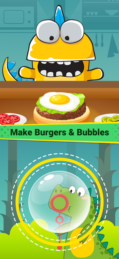 Cartoon dinosaurs making burgers and blowing bubbles in a kids game
