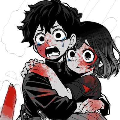 scared manga girl in a boys arms