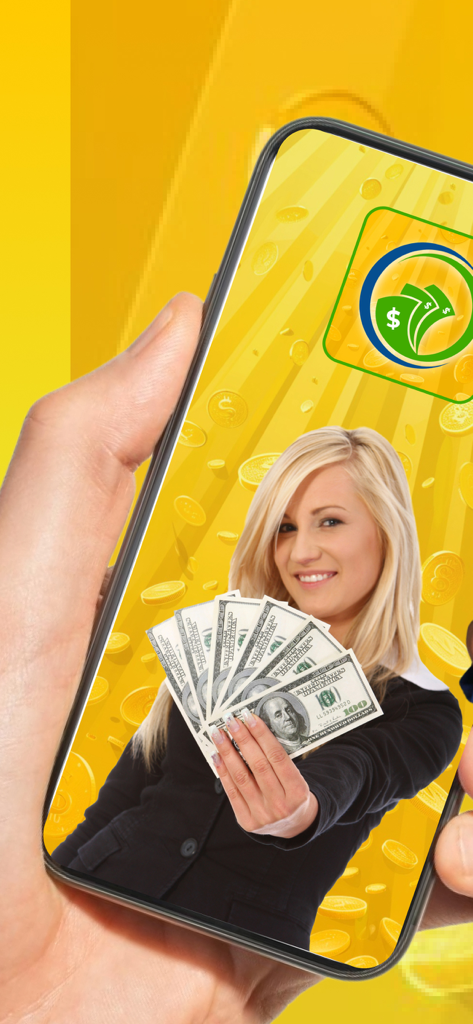 Money Spend Easy Log - Hand holding a smartphone displaying the Money Spend Easy Log app with a woman holding cash on a yellow background