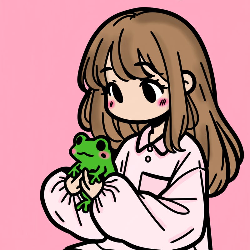 girl with long hair and a oversized shirt. and she is holding a frog