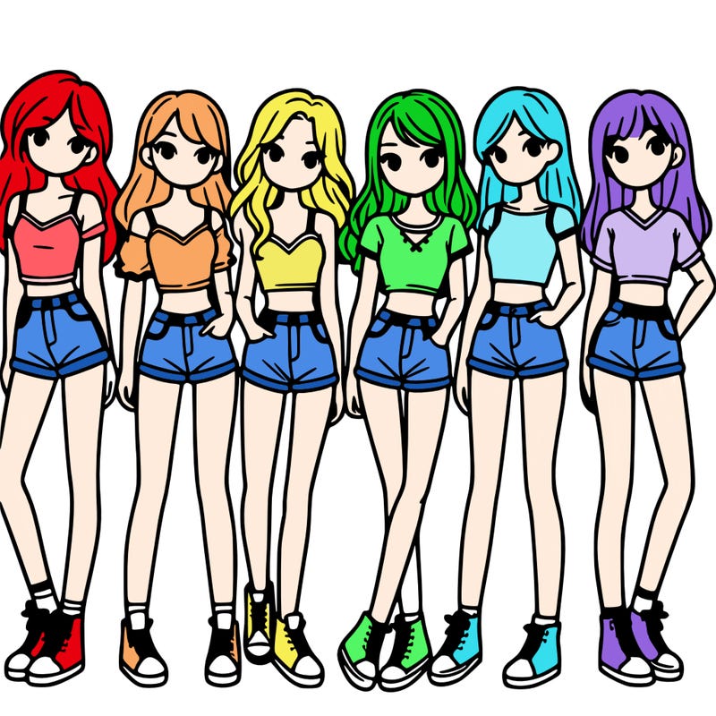 a group of girls wearing crop tops and shorts