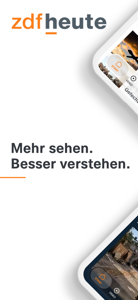 ZDFheute - Nachrichten - 「Mehr sehen Besser verstehen」（もっと見て、もっと理解する）というドイツ語のスローガンが表示されたZDFheuteニュースアプリのプロモーション画面。