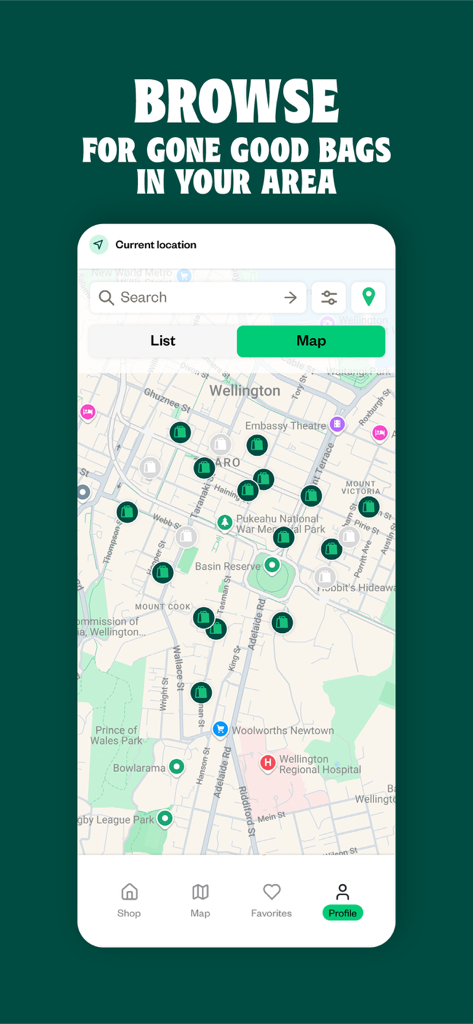 Interface de carte de l'application Gone Good montrant des sacs de surplus alimentaires à proximité à récupérer