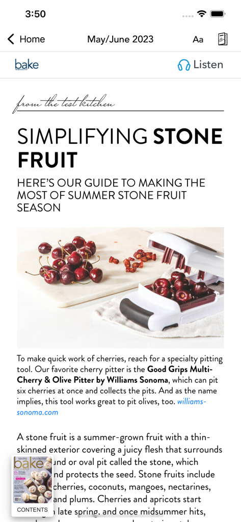 Bake from Scratch - Article in the Bake from Scratch app titled Simplifying Stone Fruit featuring a cherry pitter and fresh cherries