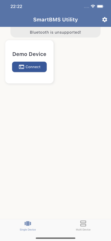 SmartBMS Utility - SmartBMS Utility app interface displaying a demo device with a connect button