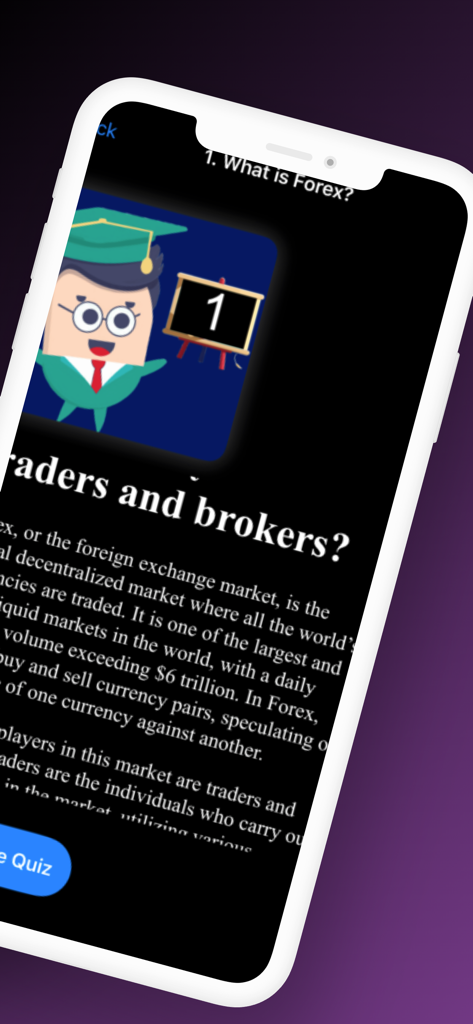 Forex Trading - Tutorial Guide - Pantalla de lección introductoria en la aplicación de tutorial de Trading Forex explicando el mercado de divisas