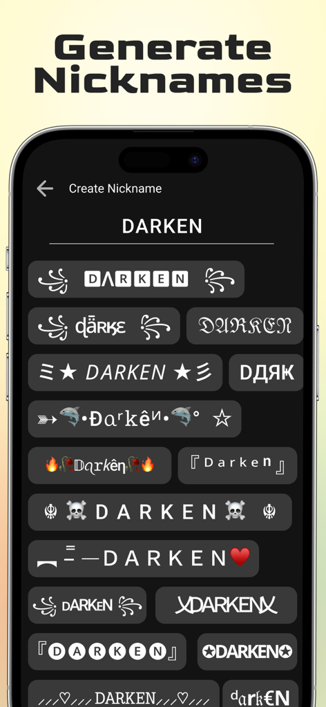 Nickname Generator: Fancy Text - A mobile app interface showing a variety of fancy font styles and symbol decorations for creating unique gaming nicknames