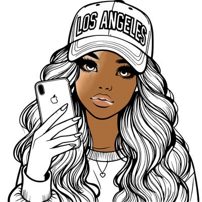 realistic beautiful girl wearing los ángeles cap holding an iphone